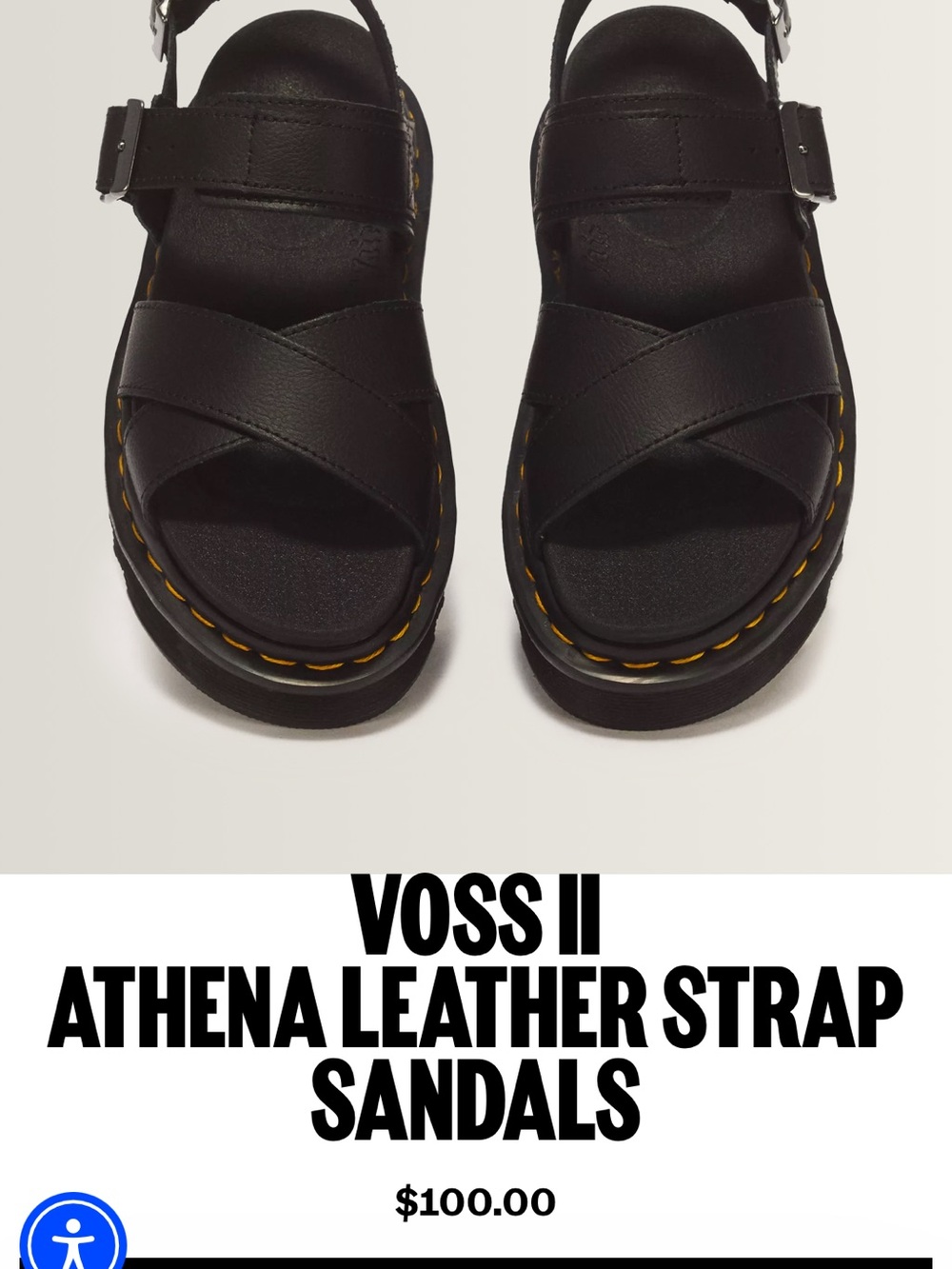 Dr. Martens Black Leather Cross-Strap Sandals with Yellow Stitching